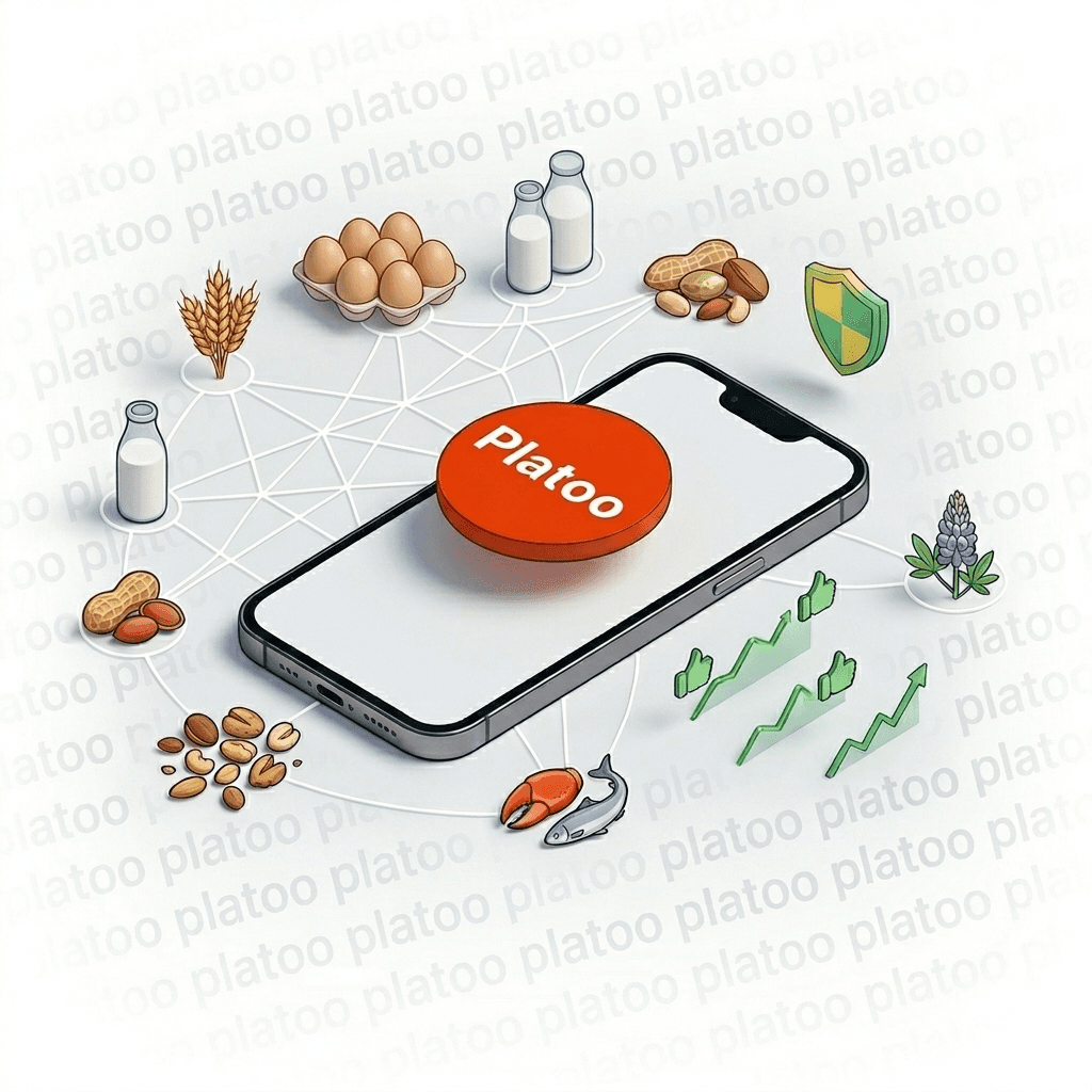 Infografika priorytetowych alergenów pokarmowych dla cyfrowego menu Platoo: klasyfikacja TOP 14 grup produktów według powszechności i ciężkości reakcji dla bezpieczeństwa gości.