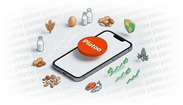 Infografika systemu Platoo: cyfrowe menu na smartfonie z ikonami 14 głównych alergenów (mleko, orzechy, zboża) oraz elementami bezpieczeństwa dla restauracji.