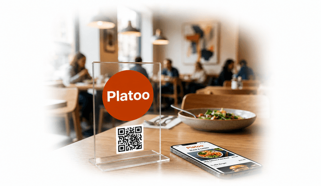 Obraz cyfrowego ekosystemu Platoo: przykład profesjonalnego umieszczenia kodu QR na akrylowym table tencie w nowoczesnej restauracji oraz smartfon z interaktywnym menu.