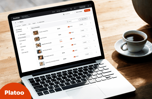 Interfejs zarządzania menu QR Platoo na laptopie: prezentacja zerowych kosztów druku, integracji z mediami społecznościowymi i zbierania statystyk w czasie rzeczywistym