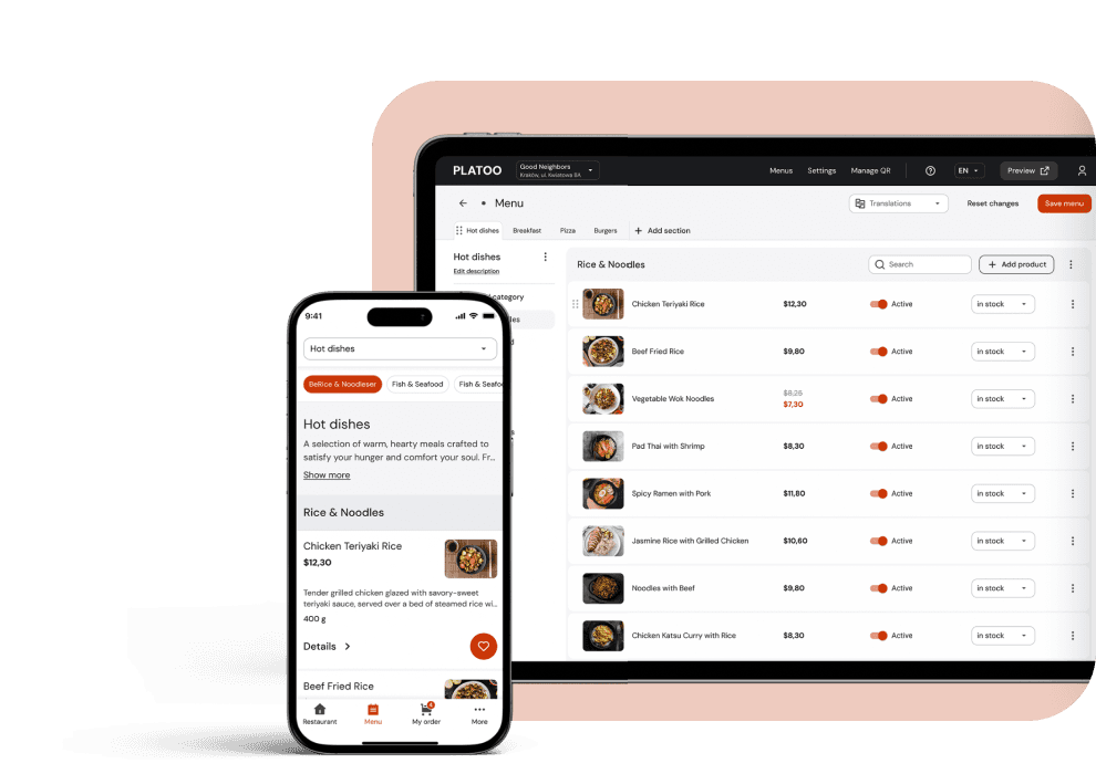 Przykład cyfrowego menu QR Platoo oraz interfejs zarządzania menu dla restauracji i lokali