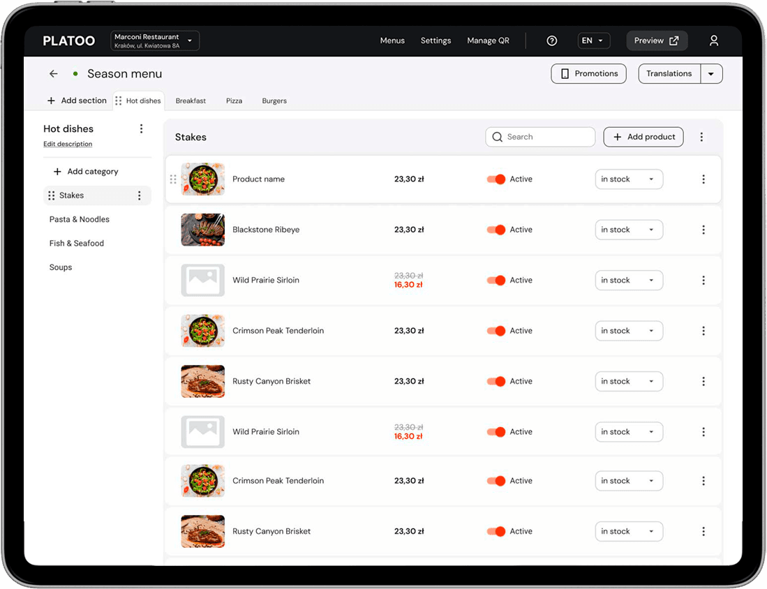 Panel administracyjny Platoo do zarządzania menu QR oraz przykład menu restauracji otwartego na smartfonie klienta
