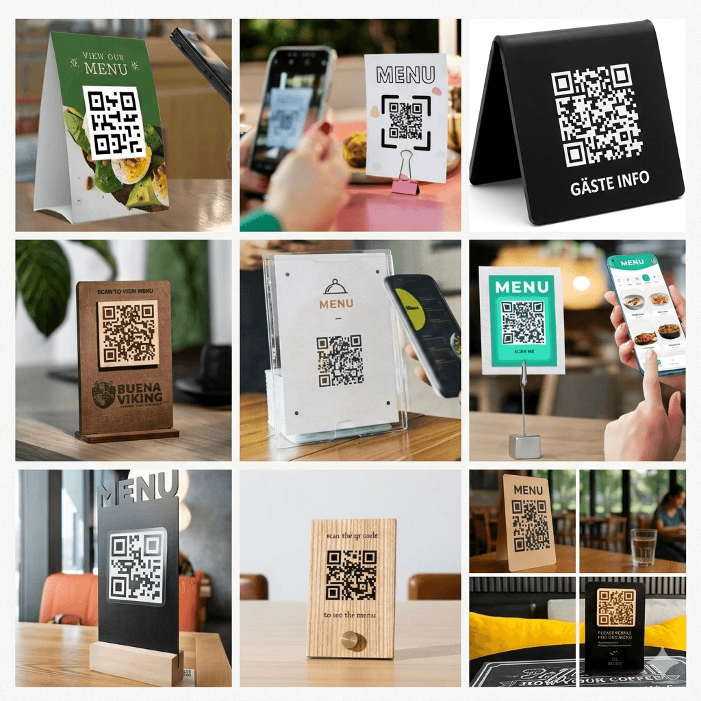 Przykłady umieszczenia kodu QR Platoo: akrylowe table tenty, grawerowane drewniane podstawki i metalowe uchwyty w nowoczesnym wnętrzu restauracji.