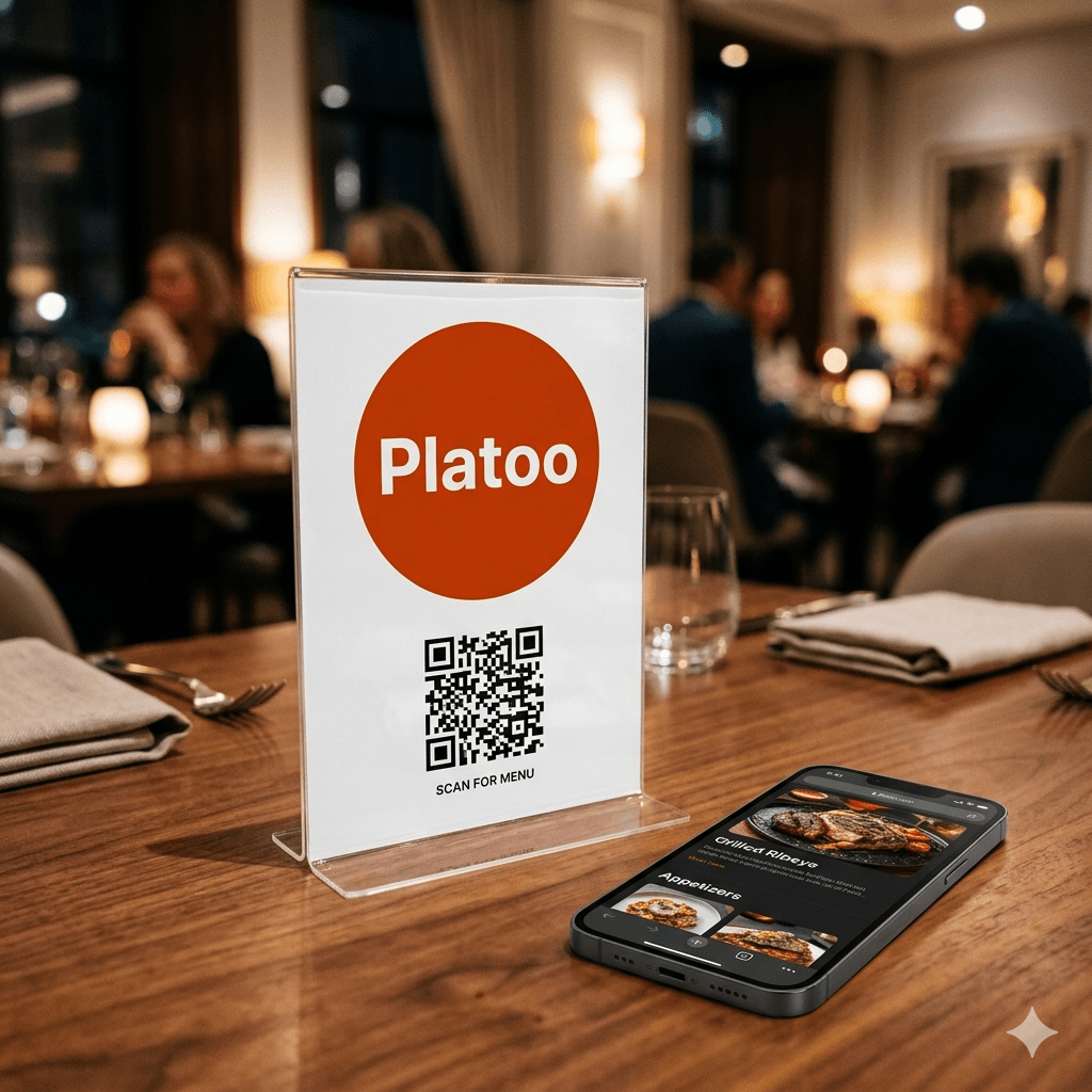 Przezroczysty akrylowy stojak z kodem QR Platoo na nowoczesnym stole w restauracji.