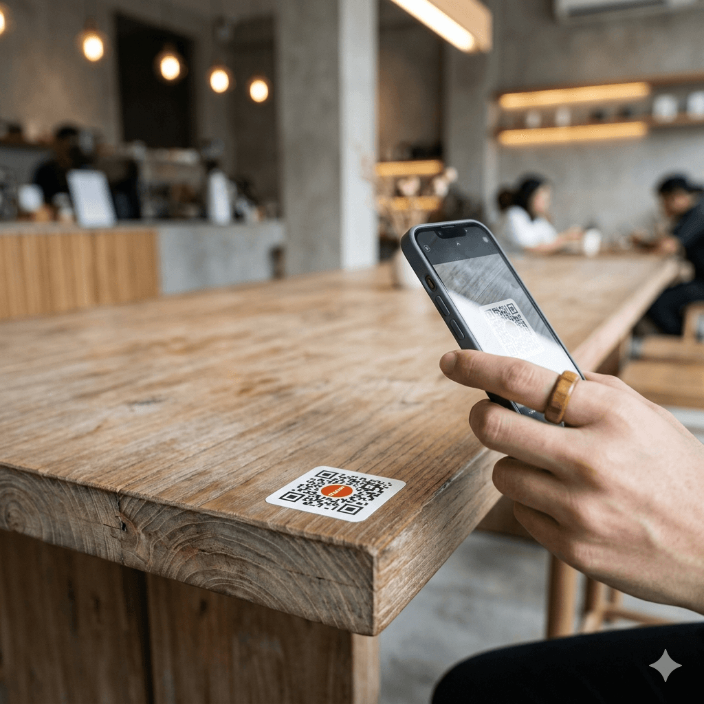 Matowa naklejka winylowa z kodem QR Platoo na krawędzi drewnianego baru.