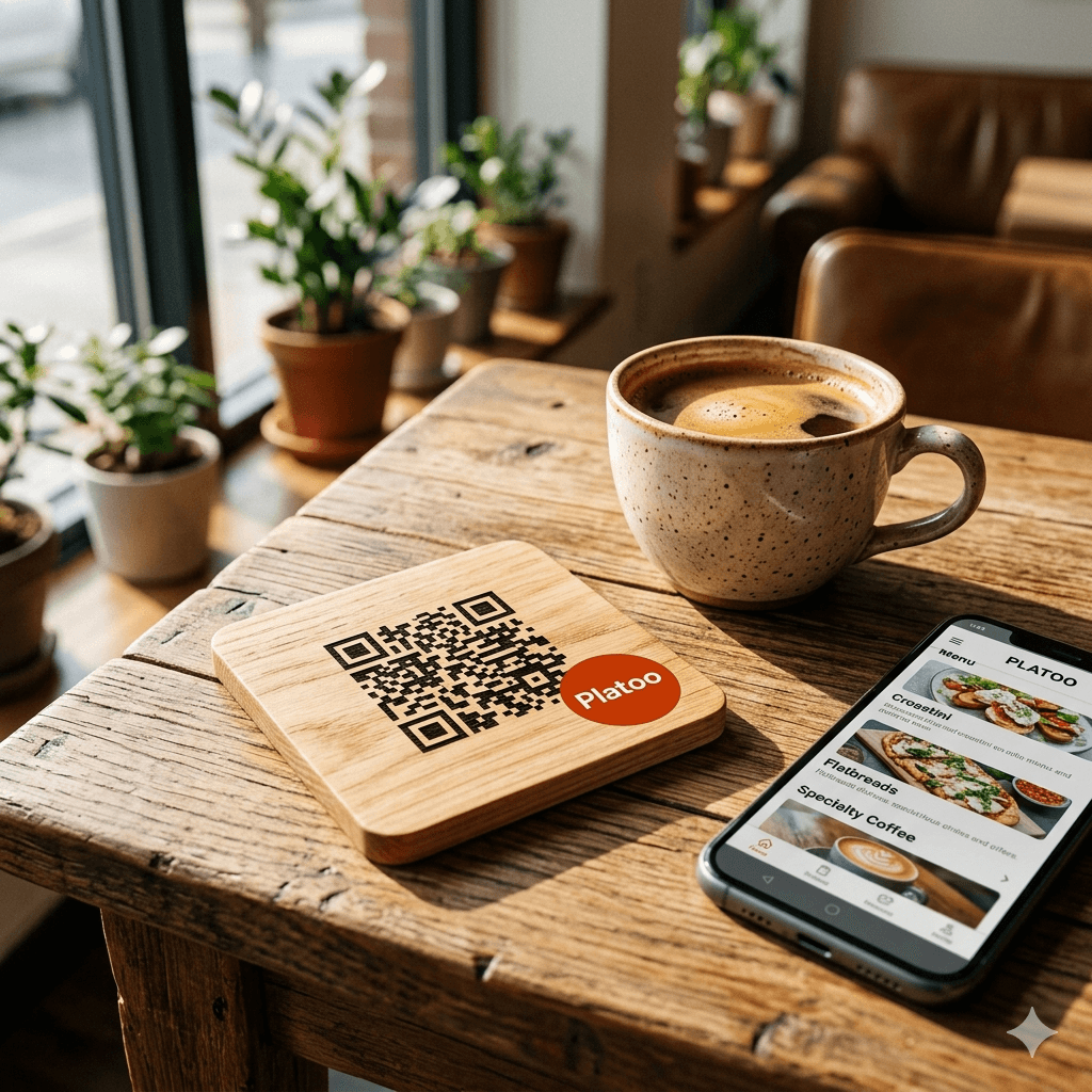 Brandingowa drewniana podstawka z laserowo wygrawerowanym kodem QR menu Platoo.