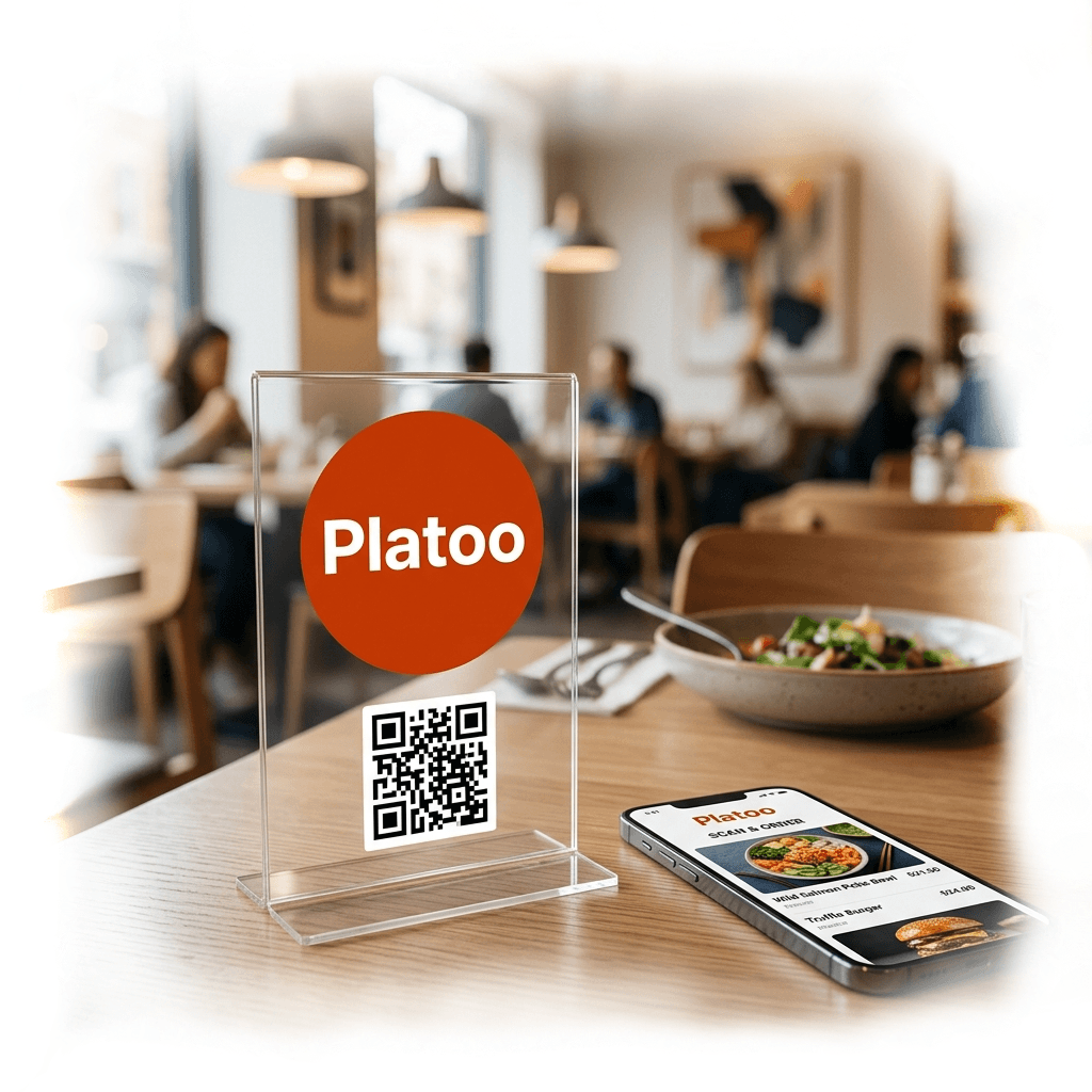 Obraz cyfrowego ekosystemu Platoo: przykład profesjonalnego umieszczenia kodu QR na akrylowym table tencie w nowoczesnej restauracji oraz smartfon z interaktywnym menu.