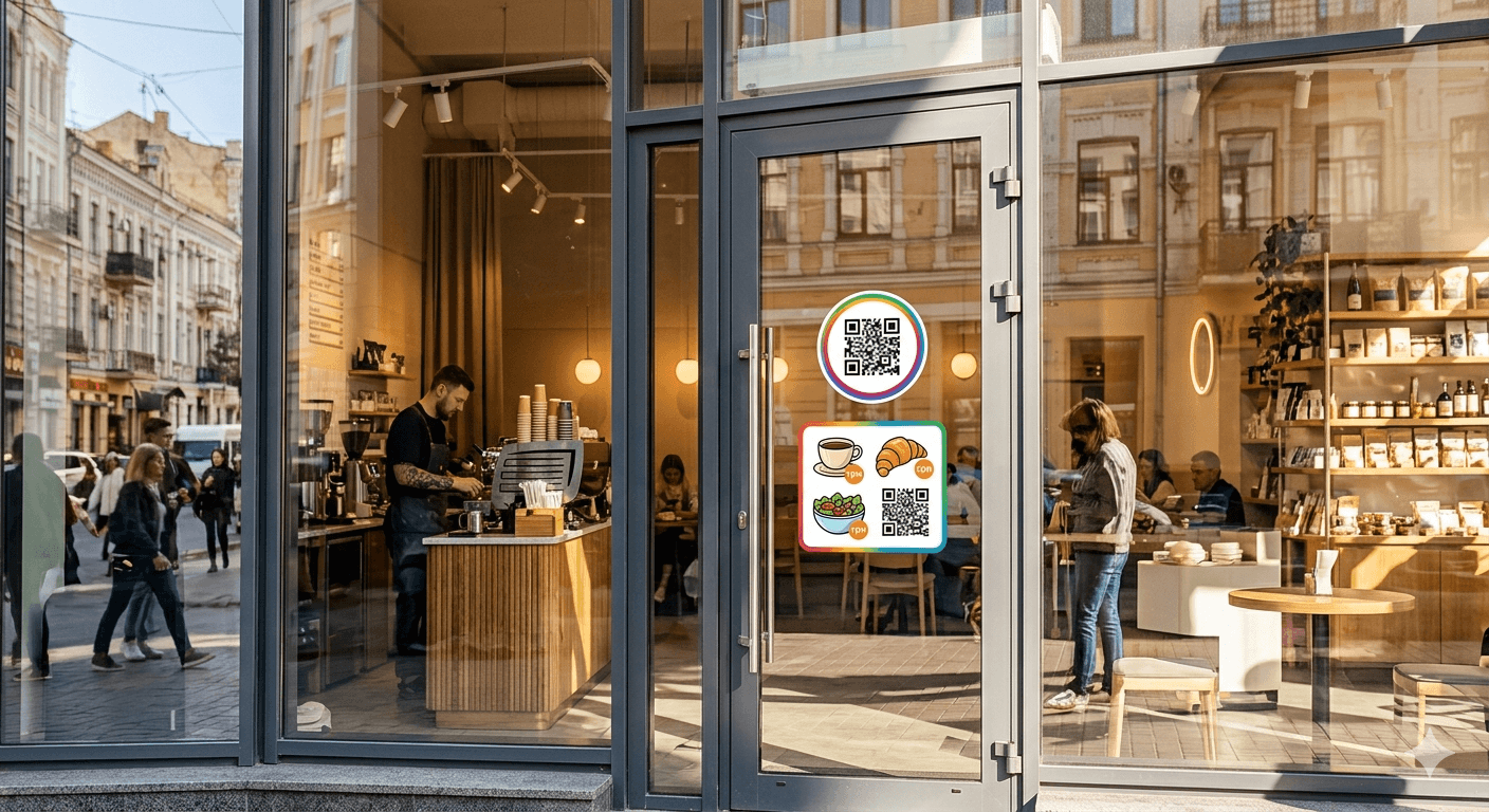 Przezroczysta naklejka z menu QR Platoo na szklanych drzwiach wejściowych restauracji.