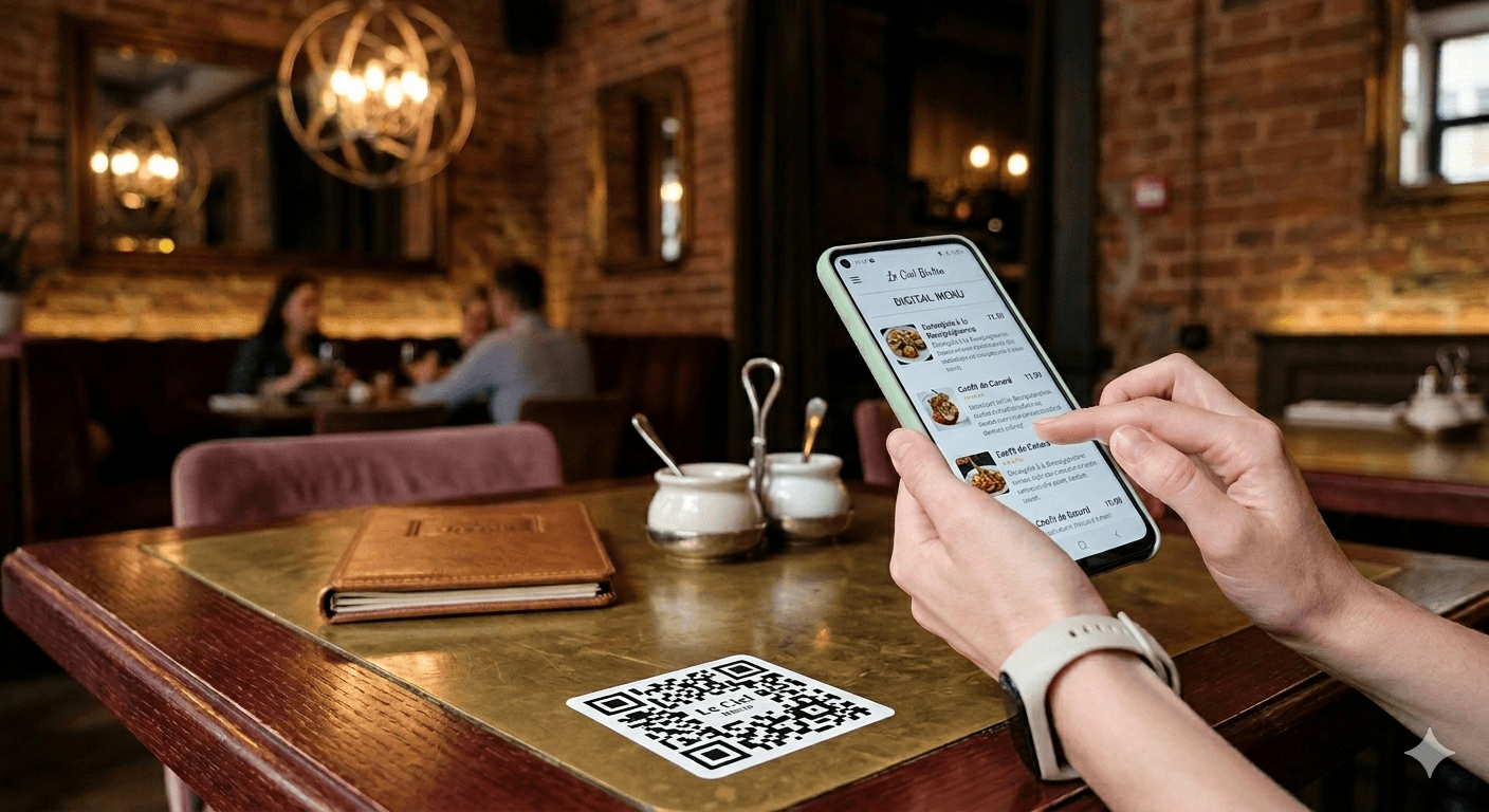 Kompaktowa naklejka z kodem QR Platoo na krawędzi drewnianego stołu w kawiarni.