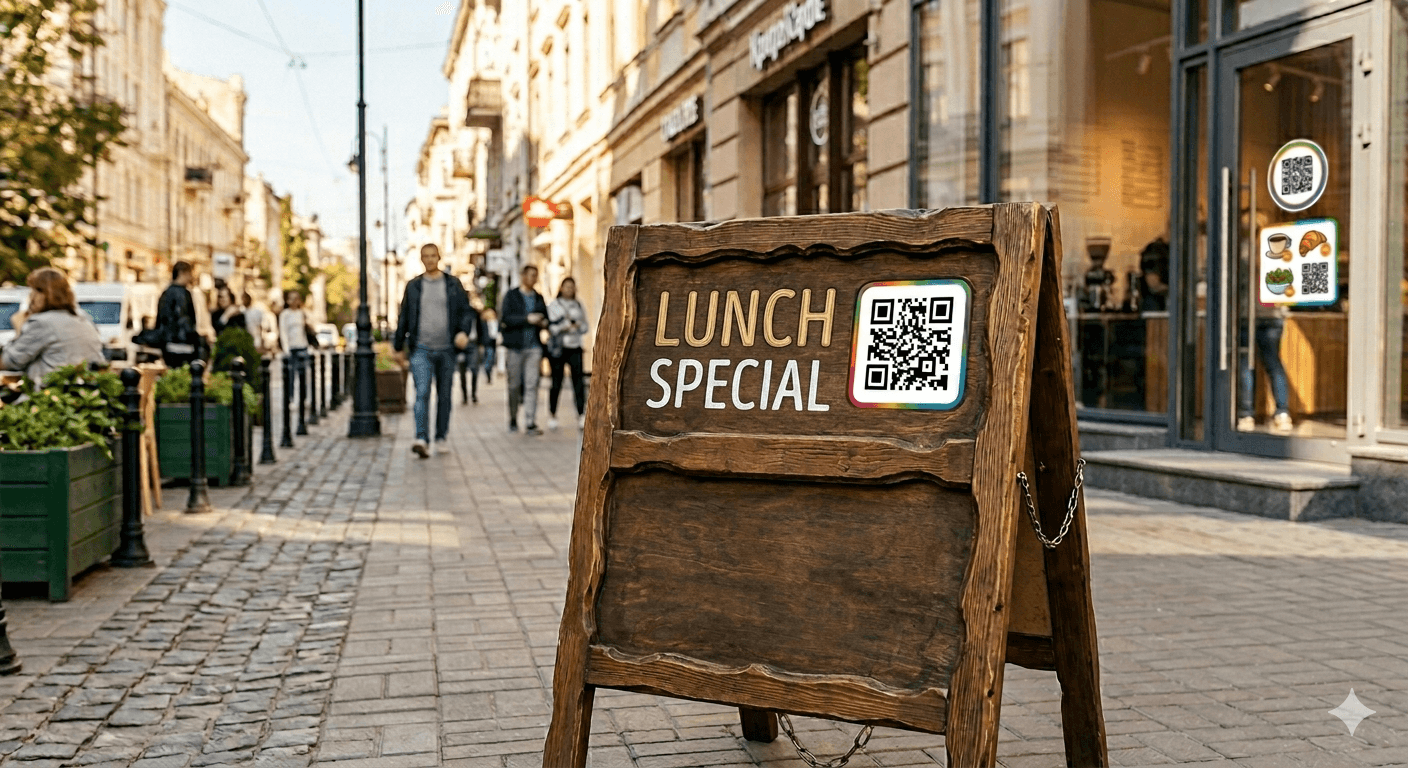 Potykacz reklamowy przed kawiarnią z kodem QR do zapoznania się z menu dnia.