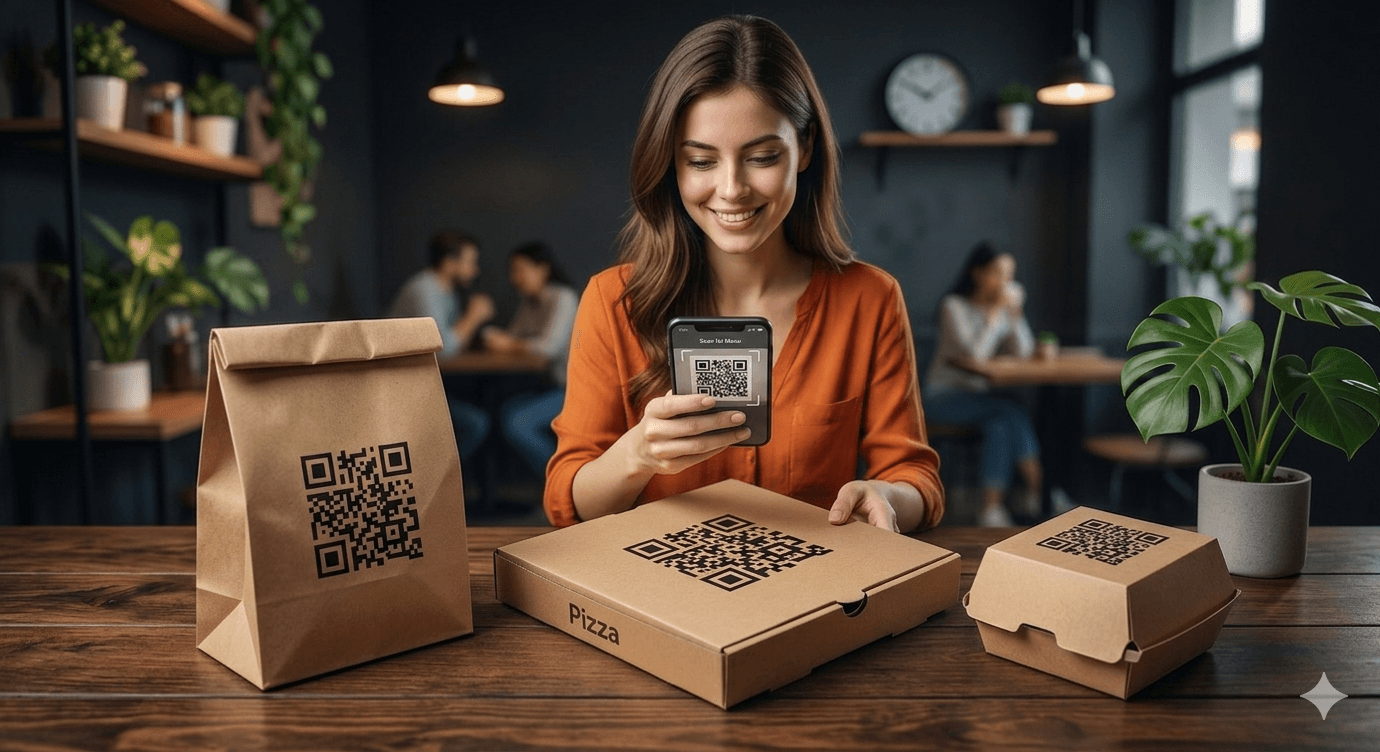 Firmowa torba papierowa z naklejką kodu QR Platoo dla zamówień na wynos.
