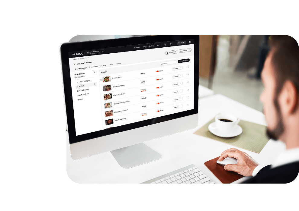 Interfejs Platoo — platformy do tworzenia menu QR dla restauracji z zarządzaniem daniami, cenami i dostępnością pozycji